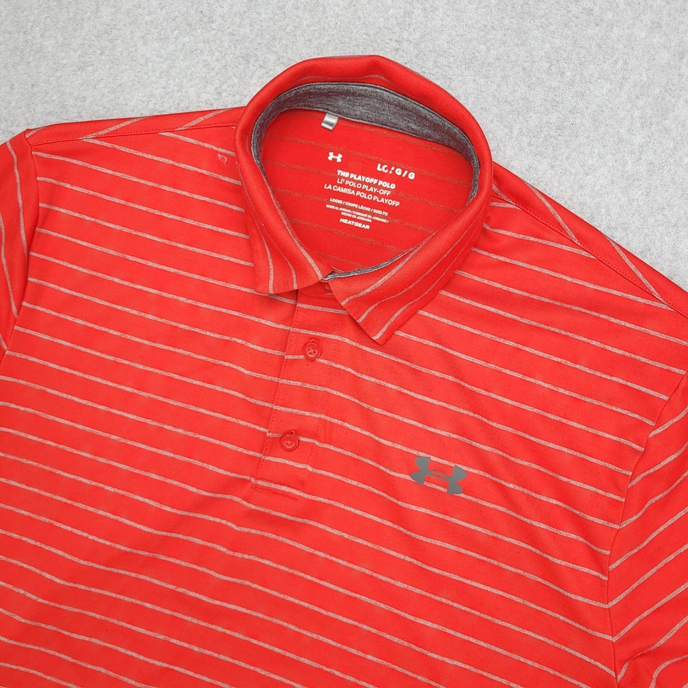 Under Armour‎ Playoff Polo Golf Shirt Men's L Red Gray Striped Golf Heatgear